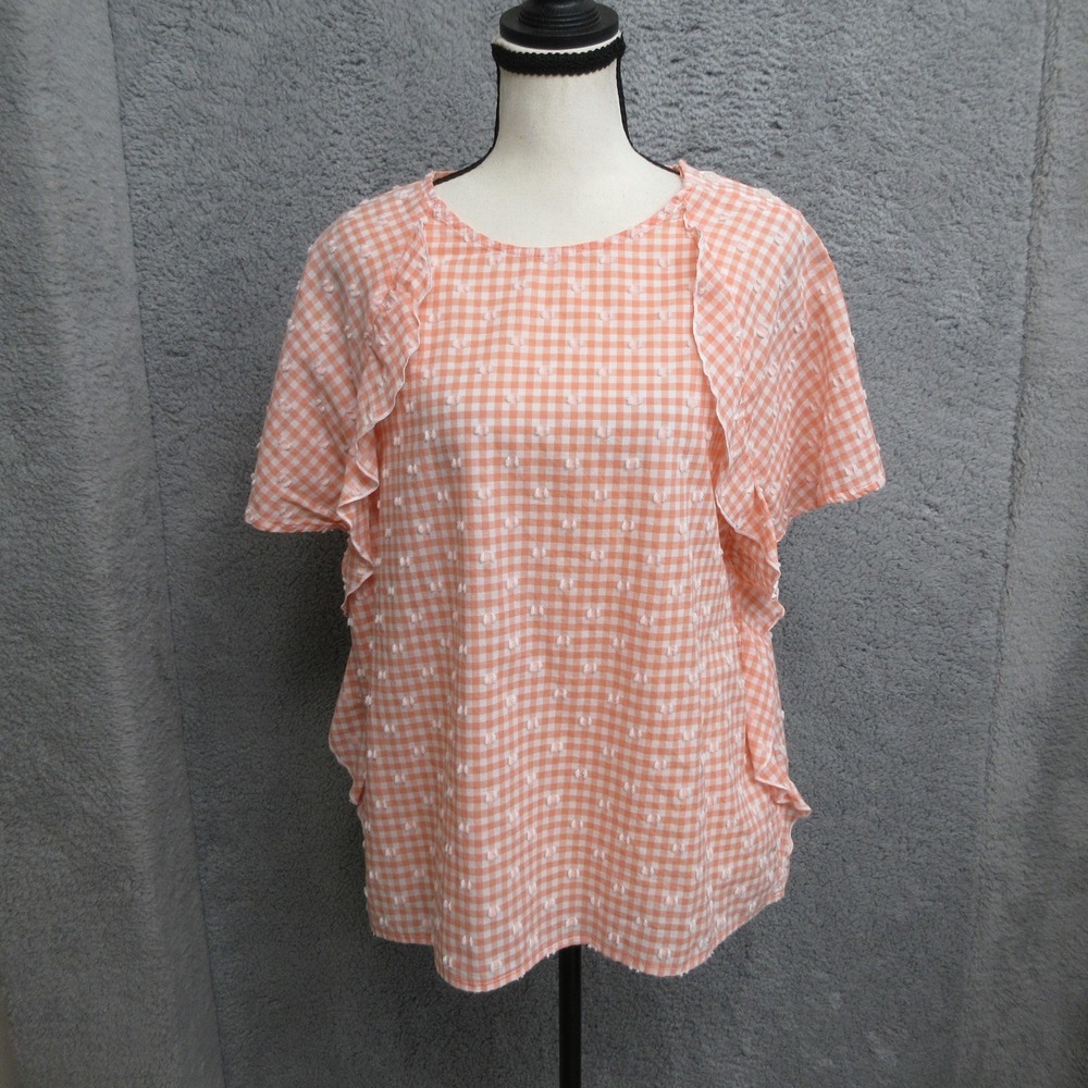 Foxcroft Relaxed Gingham Check Blouse Womens 8 Orange White Cotton Ruffled Trim